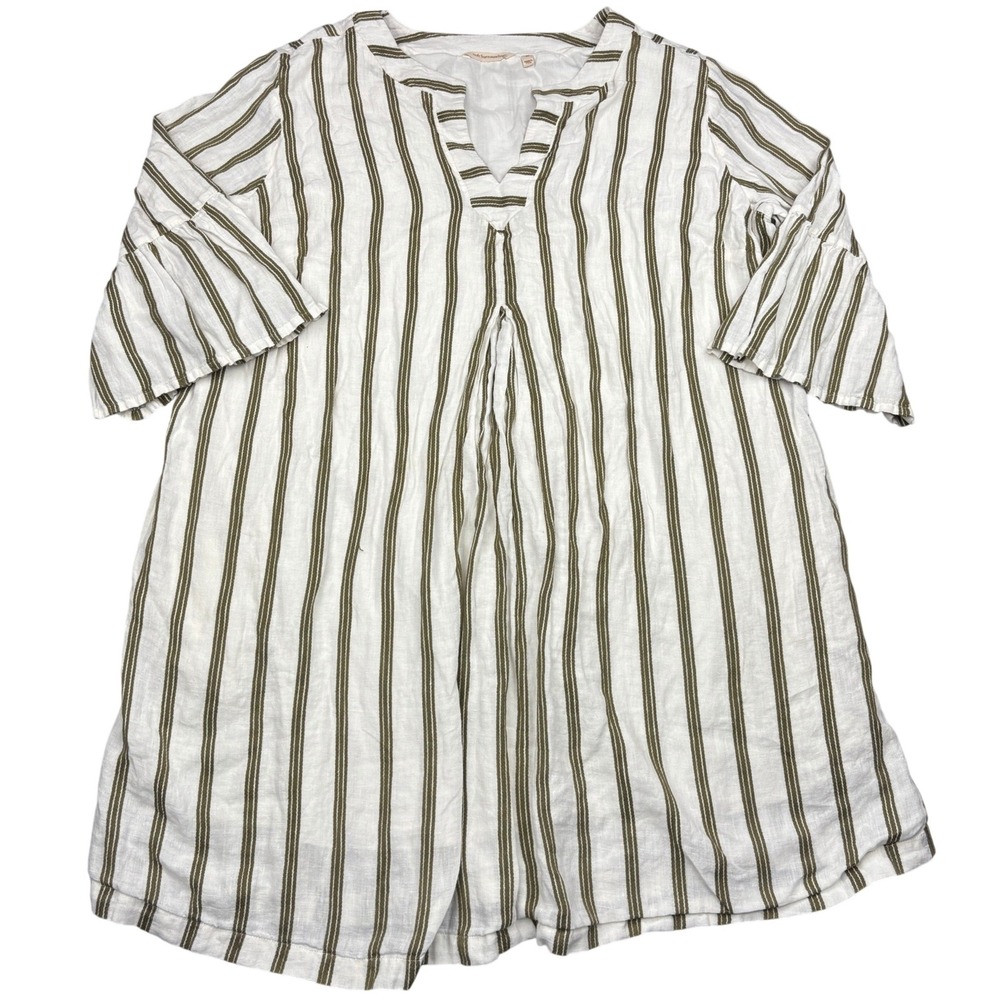 Soft Surroundings Rue Jussieu Linen Tunic Dress 3X White Olive Green Bell Sleeve